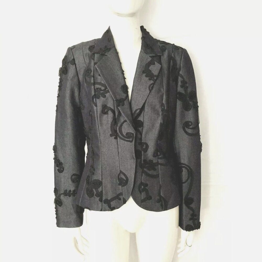 Lena Gabrielle Gray‎ Embroidered Blazer Jacket Black Lined Shimmer 4